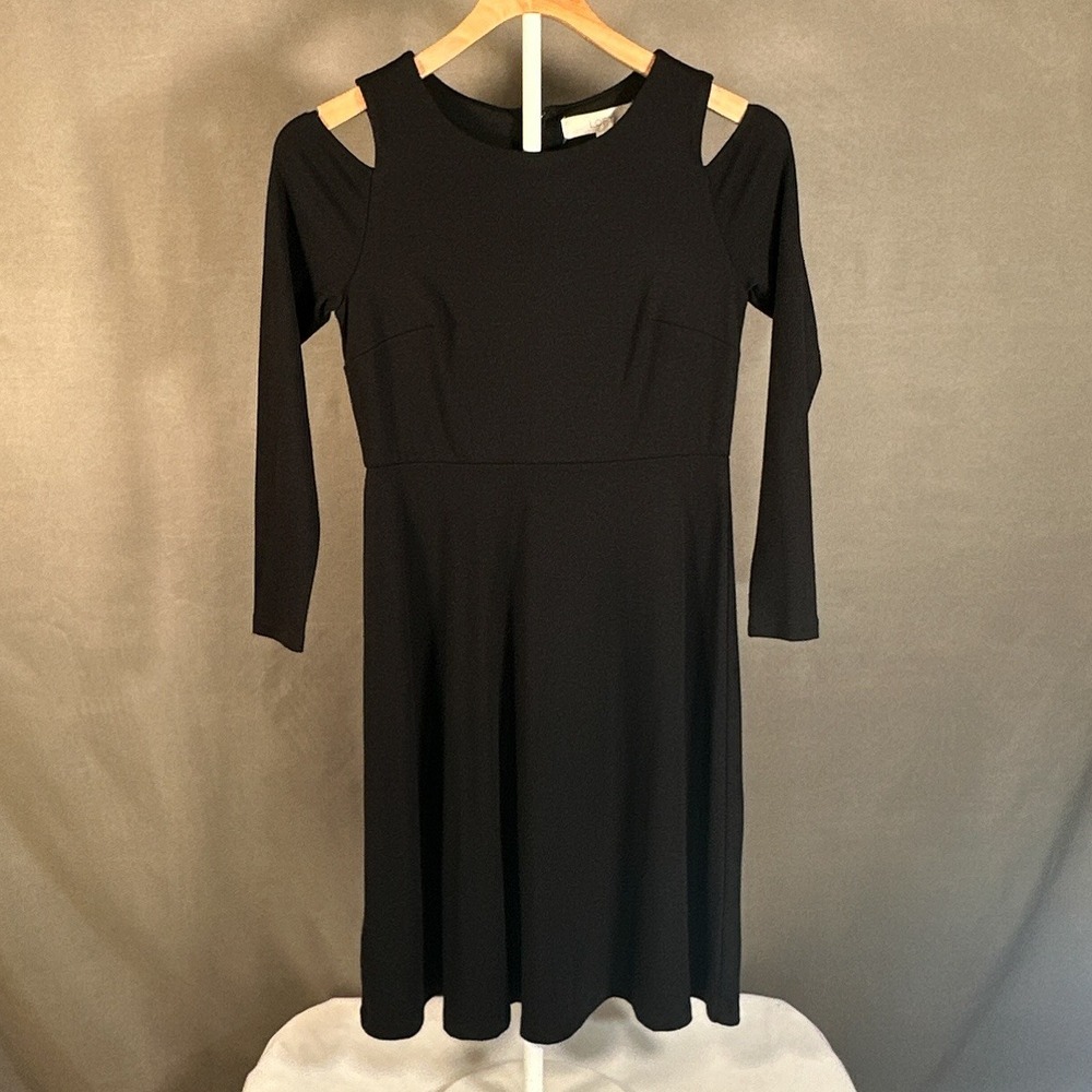 LOFT Black Cold Shoulder Fit and Flare Dress Long Sleeve Petite 0P Rayon Spandex